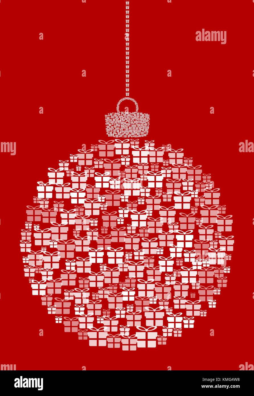 Appendere vettore abstract palla di Natale costituito da confezione regalo icone su sfondo rosso. Illustrazione Vettoriale