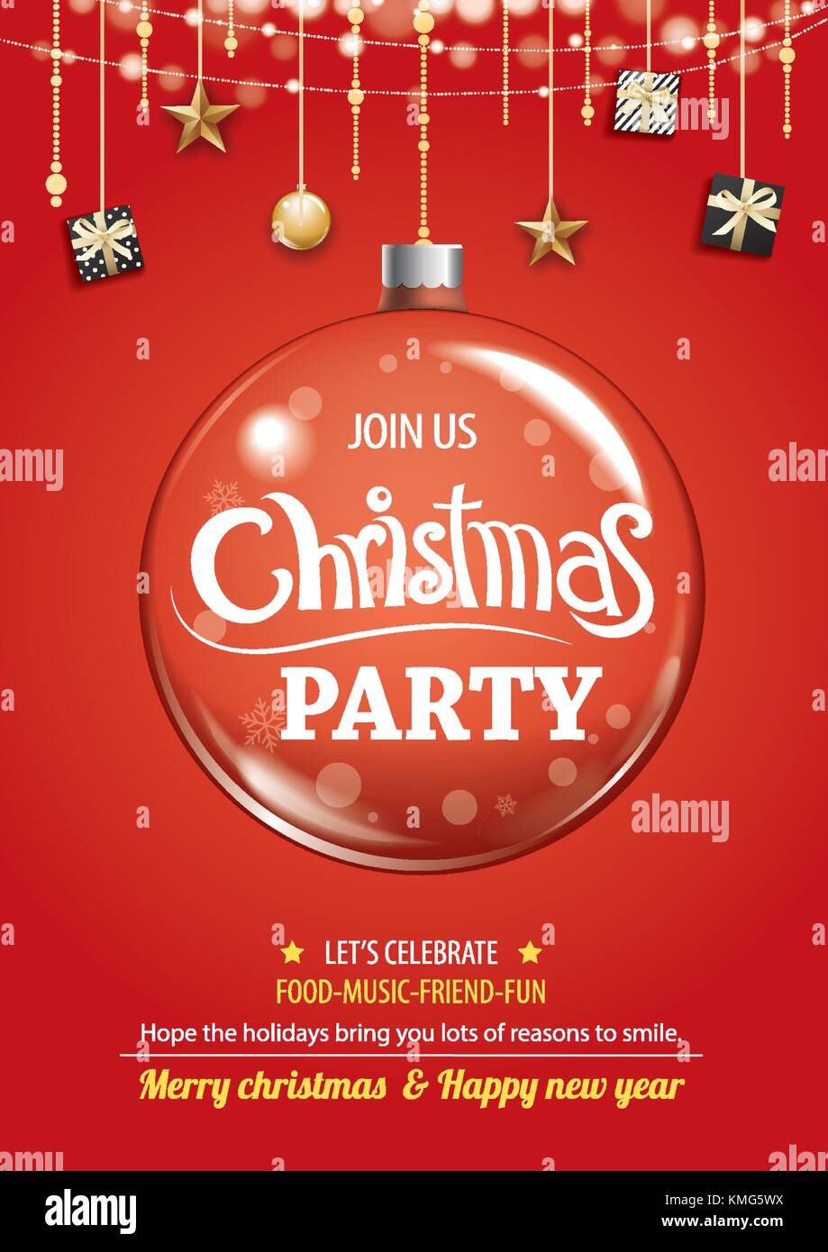 Merry Christmas party e la sfera di vetro per il flyer design brochure su sfondo rosso invito come tema. happy holiday saluto banner e card temp Illustrazione Vettoriale