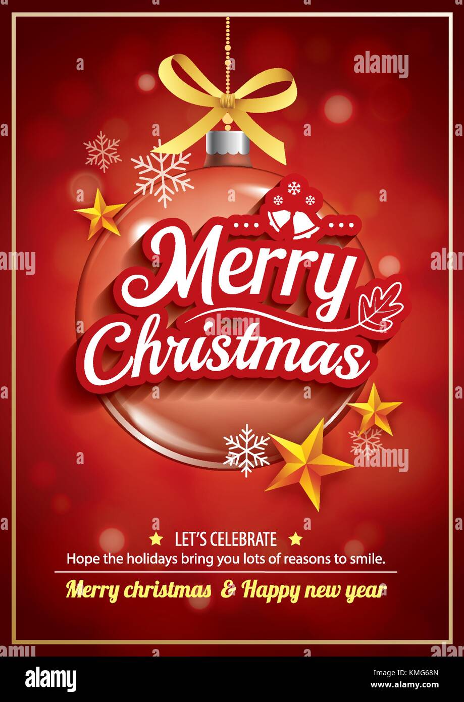 Merry Christmas party e la sfera di vetro per il flyer design brochure su sfondo rosso invito come tema. happy holiday saluto banner e card temp Illustrazione Vettoriale