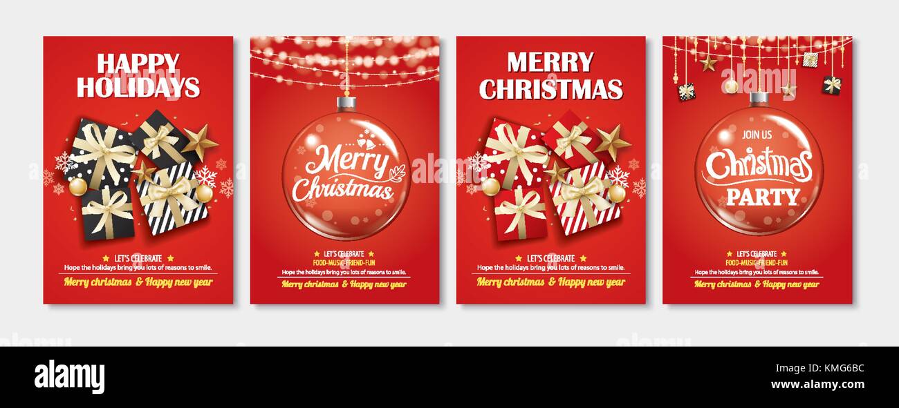 Merry Christmas party Palla di vetro e confezione regalo per brochure flyer design su sfondo rosso invito come tema. happy holiday saluto e banner Illustrazione Vettoriale