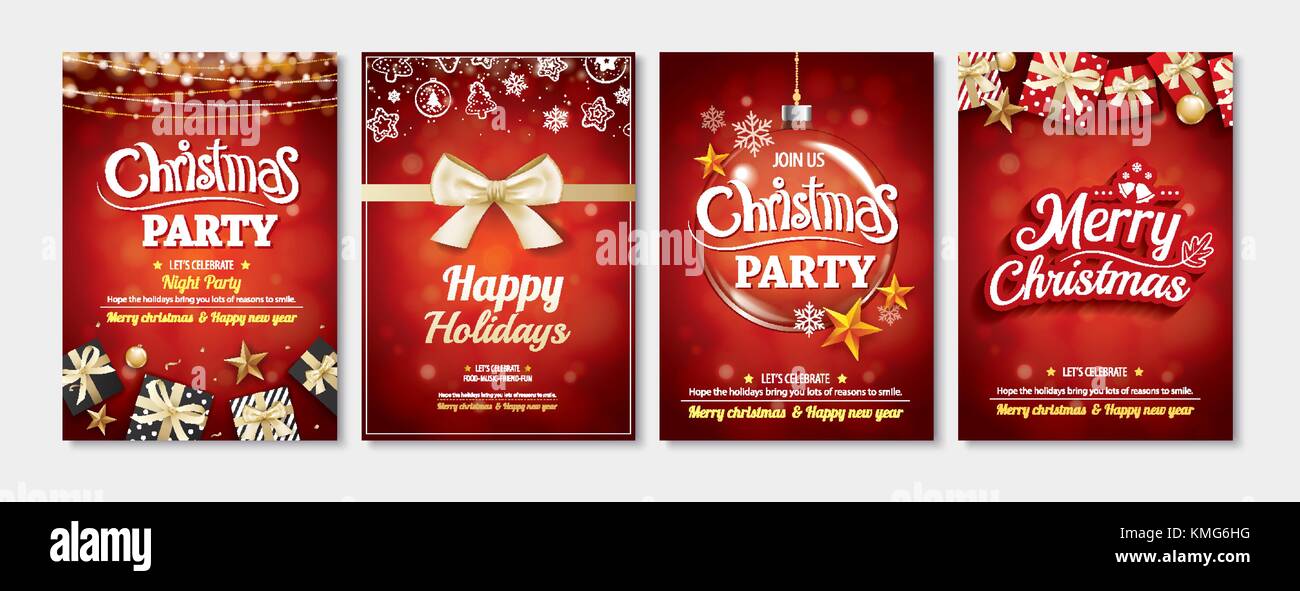 Merry Christmas party Palla di vetro e confezione regalo per brochure flyer design su sfondo rosso invito come tema. happy holiday saluto e banner Illustrazione Vettoriale