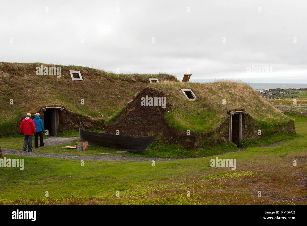 Viking Longhouse a L´ Anse aux Meadows National Historic Site, Terranova e Labrador Canada. Foto Stock