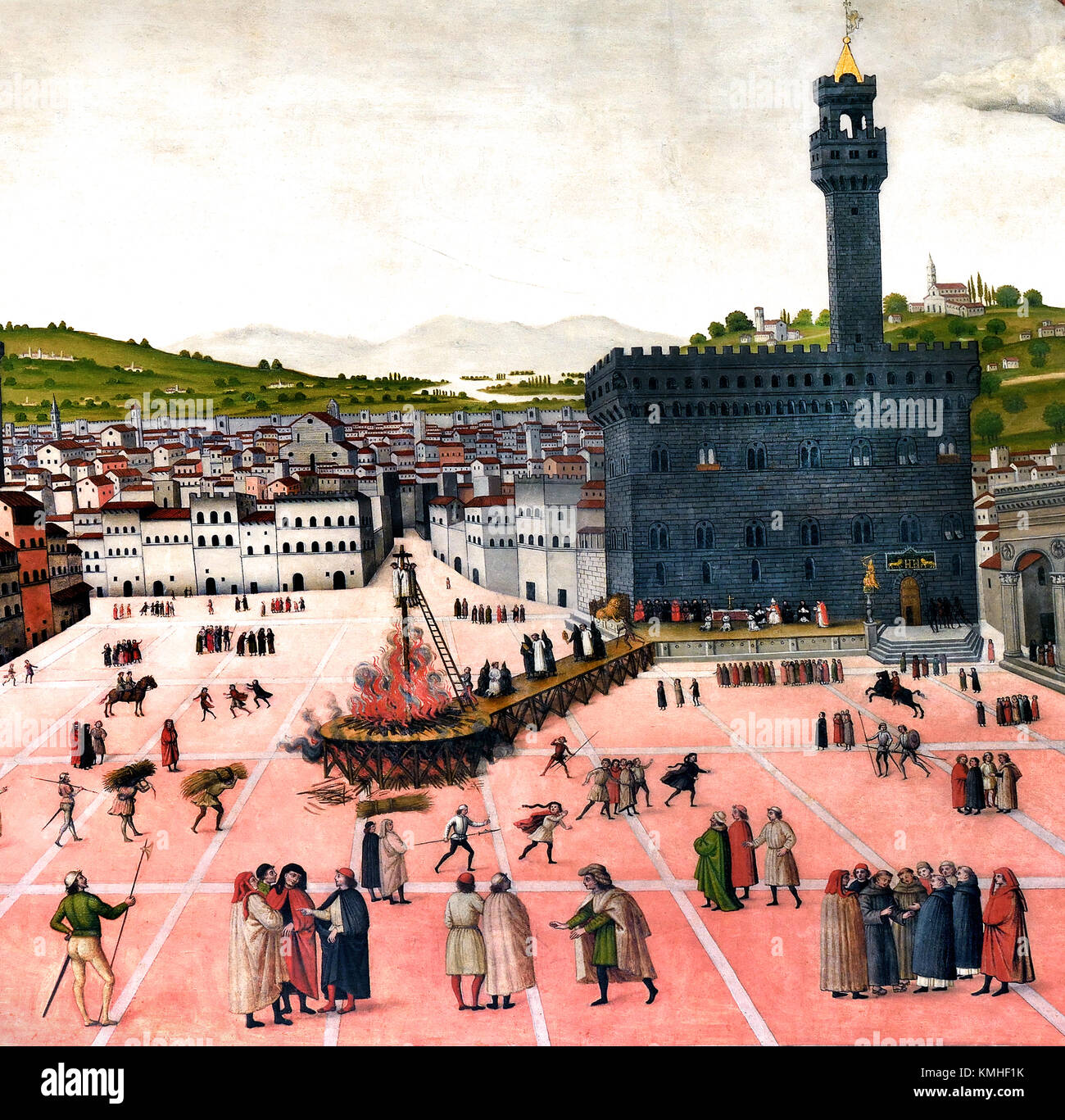 Appendere e masterizzazione di Girolamo Savonarola in Piazza della Signoria a Firenze nel 1498. Anonimo 1650 Firenze Italia ( Fra Bartolomeo Girolamo Savonarola 1452 - 1498, Firenze) era un italiano di frate domenicano e di un autorevole contributo alla politica di Firenze dal 1494 fino alla sua esecuzione nel 1498. Savonarola aderito all'Ordine domenicano in 1475 ed è stato inviato a Firenze per una lezione presso il convento di San Marco, dove divenne noto per il suo apprendimento e di ascesi. ) Foto Stock