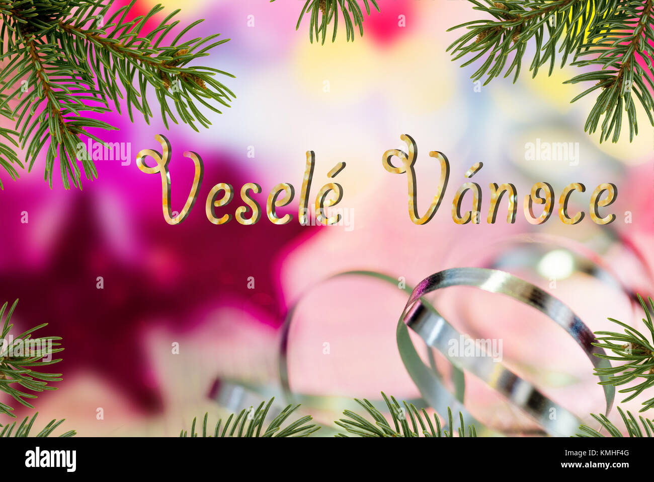 Natale sfondo con la scrittura buon Natale in ceco Foto Stock