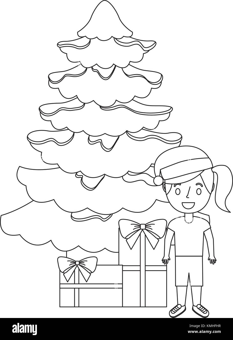 Felice ragazza con cappello a Natale con albero e regali Illustrazione Vettoriale