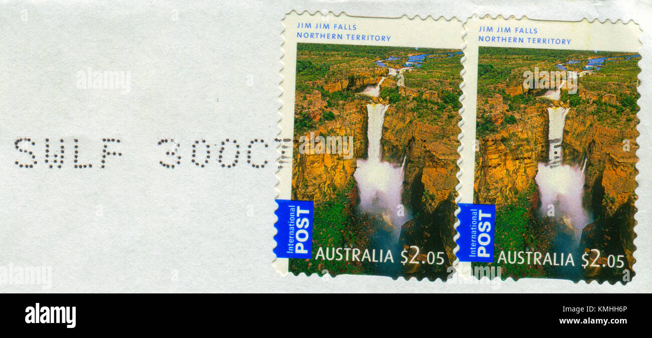 GOMEL, BIELORUSSIA, 5 DICEMBRE 2017, Stamp stampato in Australia mostra l'immagine del Jim Jim Falls Northern Territory, circa 2017. Foto Stock