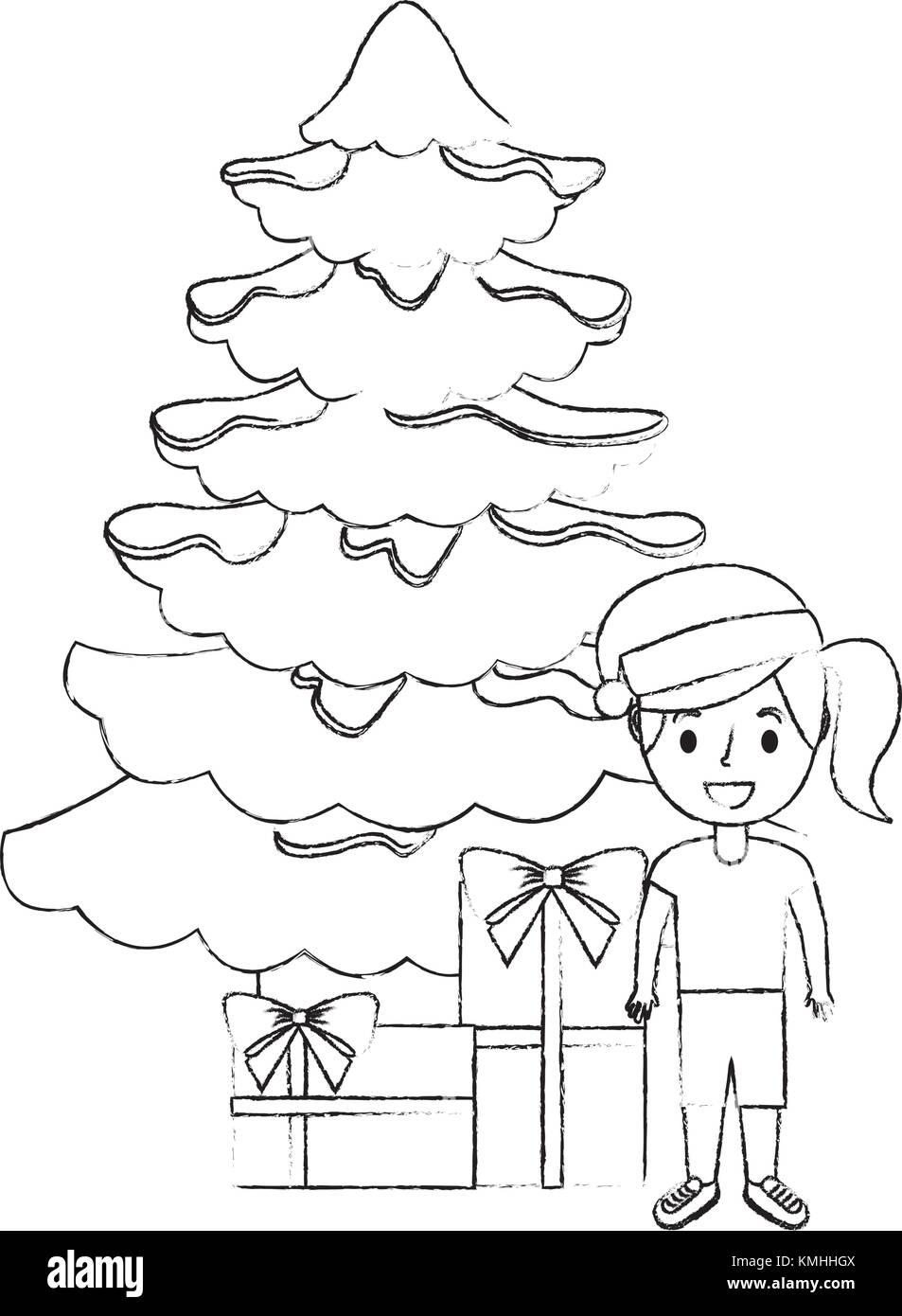 Felice ragazza con cappello a Natale con albero e regali Illustrazione Vettoriale