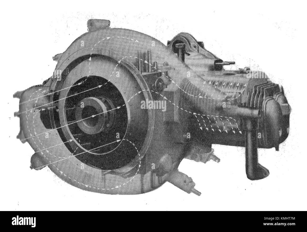 Il motore a quattro cilindri piatti raffreddato ad aria Stoewer, come descritto nell'edizione 1935 del manuale Autocar. Questo design del motore rappresenta uno sviluppo significativo nella tecnologia automobilistica dell'epoca. Foto Stock