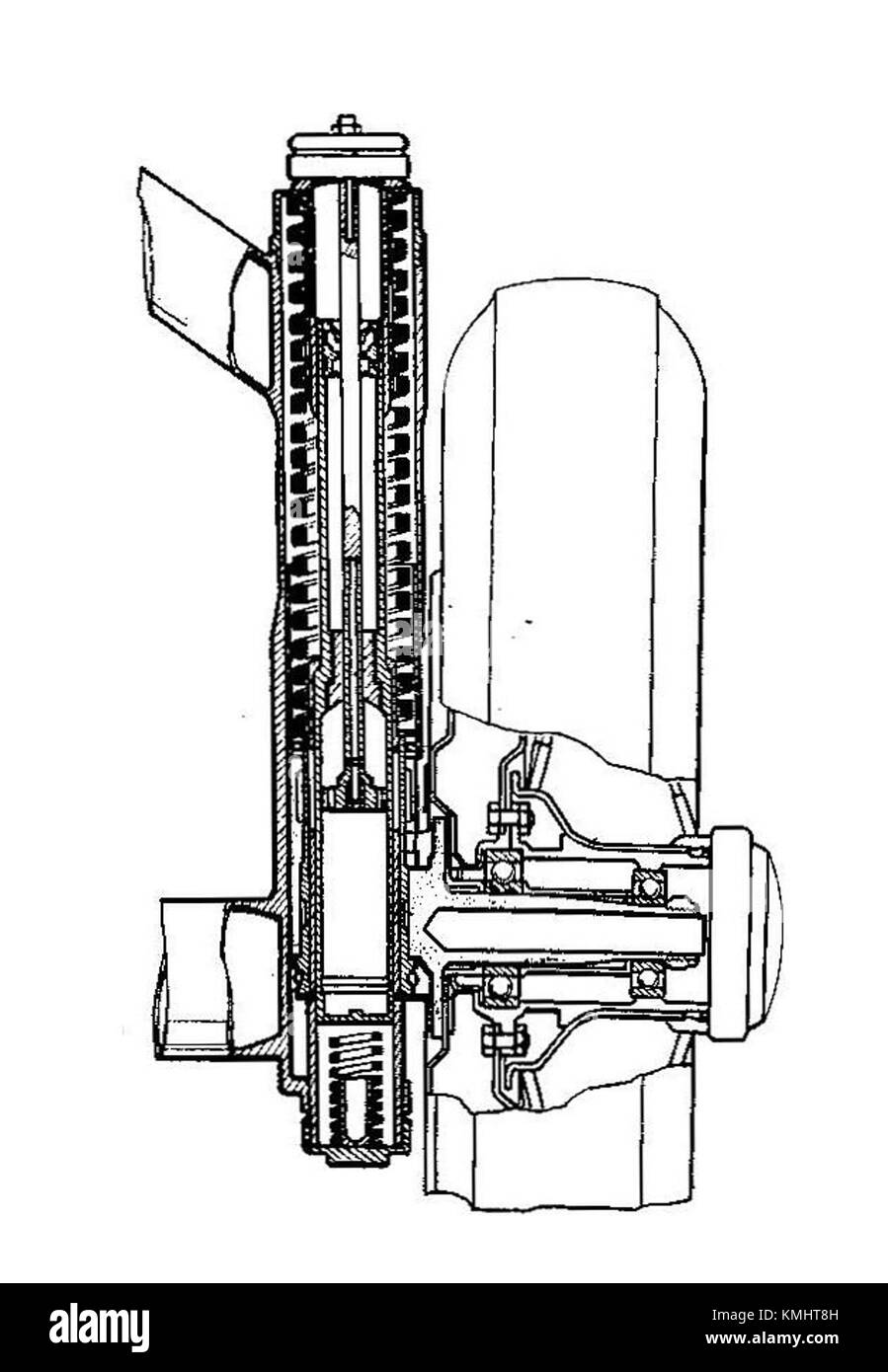 La sospensione a montante scorrevole Lancia, presente nell'edizione 1935 del manuale Autocar, è stata una notevole innovazione nel design automobilistico. Questo sistema ha migliorato la manovrabilità del veicolo utilizzando montanti scorrevoli per supportare l'assale, influenzando le tecnologie delle sospensioni successive nell'ingegneria automobilistica. Foto Stock