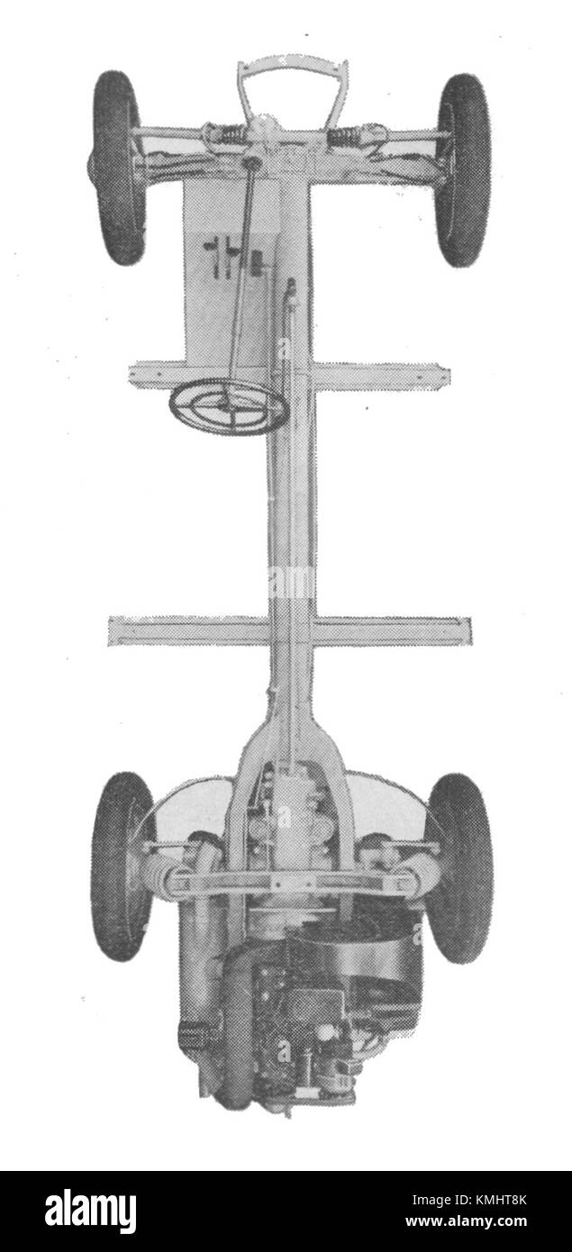 Questa vista dall'alto dell'edizione 1935 del manuale Autocar illustra la configurazione del motore posteriore di un veicolo Mercedes. Fornisce uno sguardo dettagliato al design e alla progettazione della vettura per quell'epoca. Foto Stock