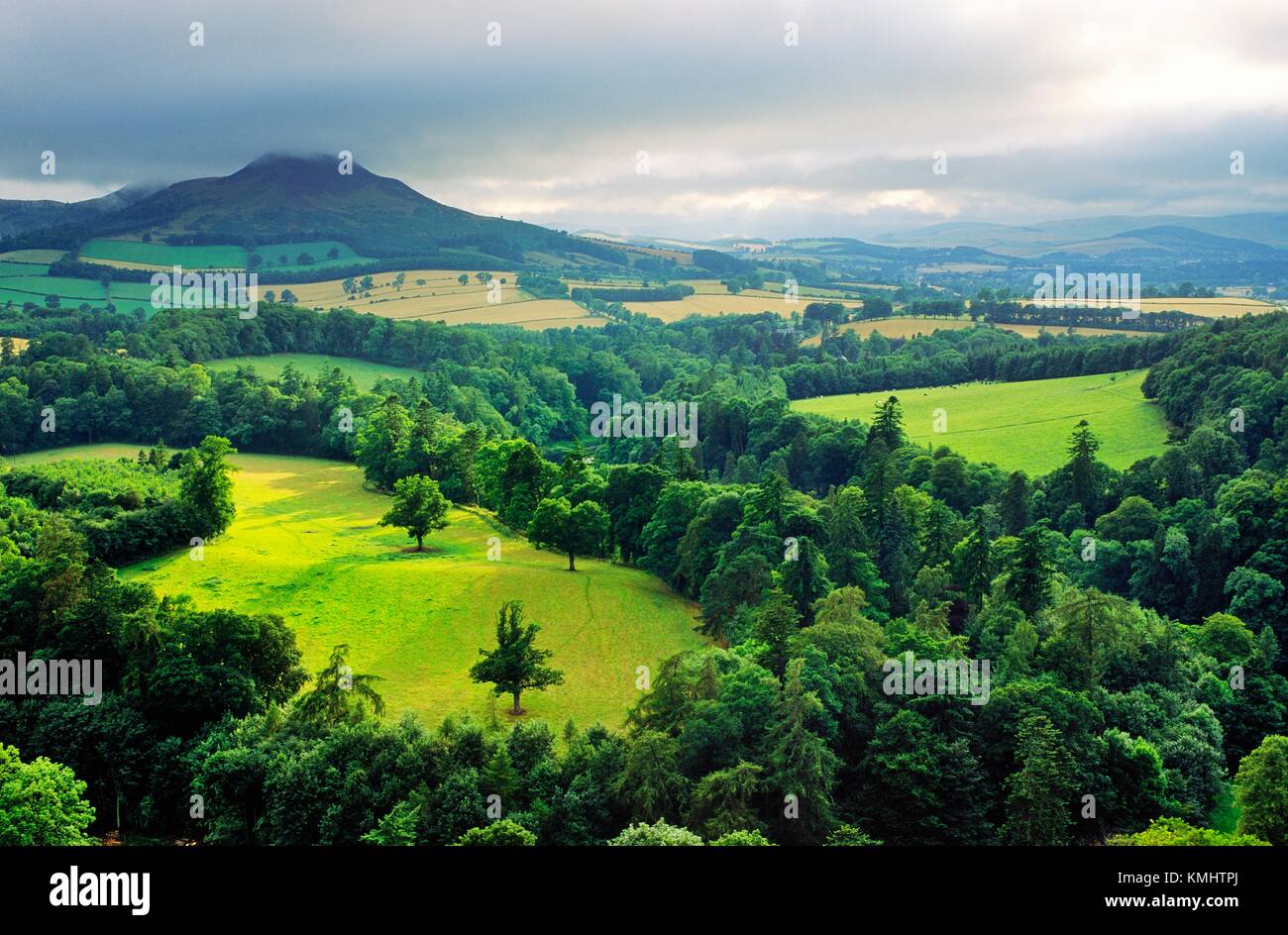 Regione di frontiere, Scozia. Vista sul fiume Tweed verso le tre cime delle colline Eildon. Noto come Scott's View Foto Stock