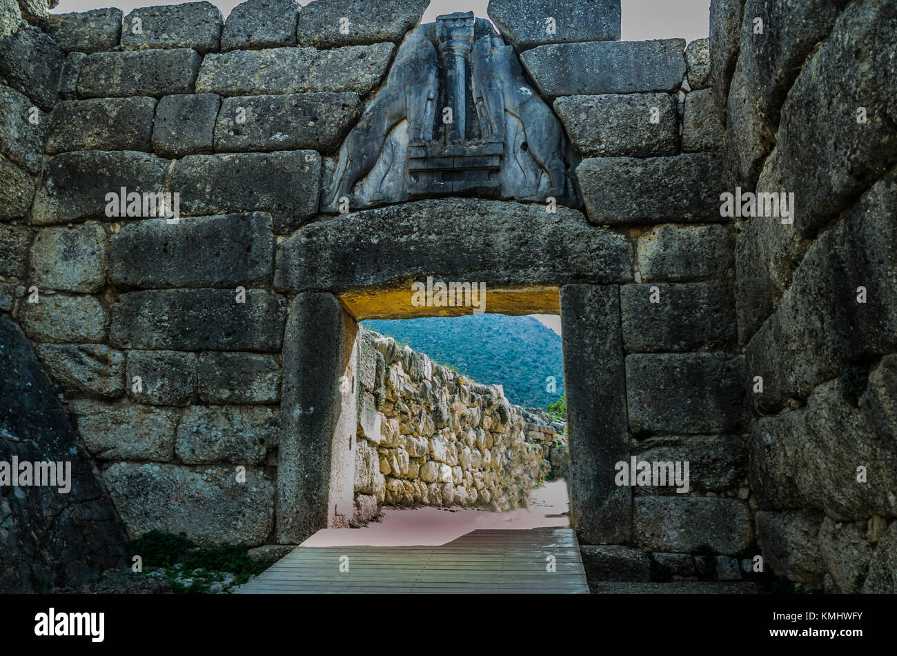 Cancello dei Leoni della antica città di Micene Foto Stock