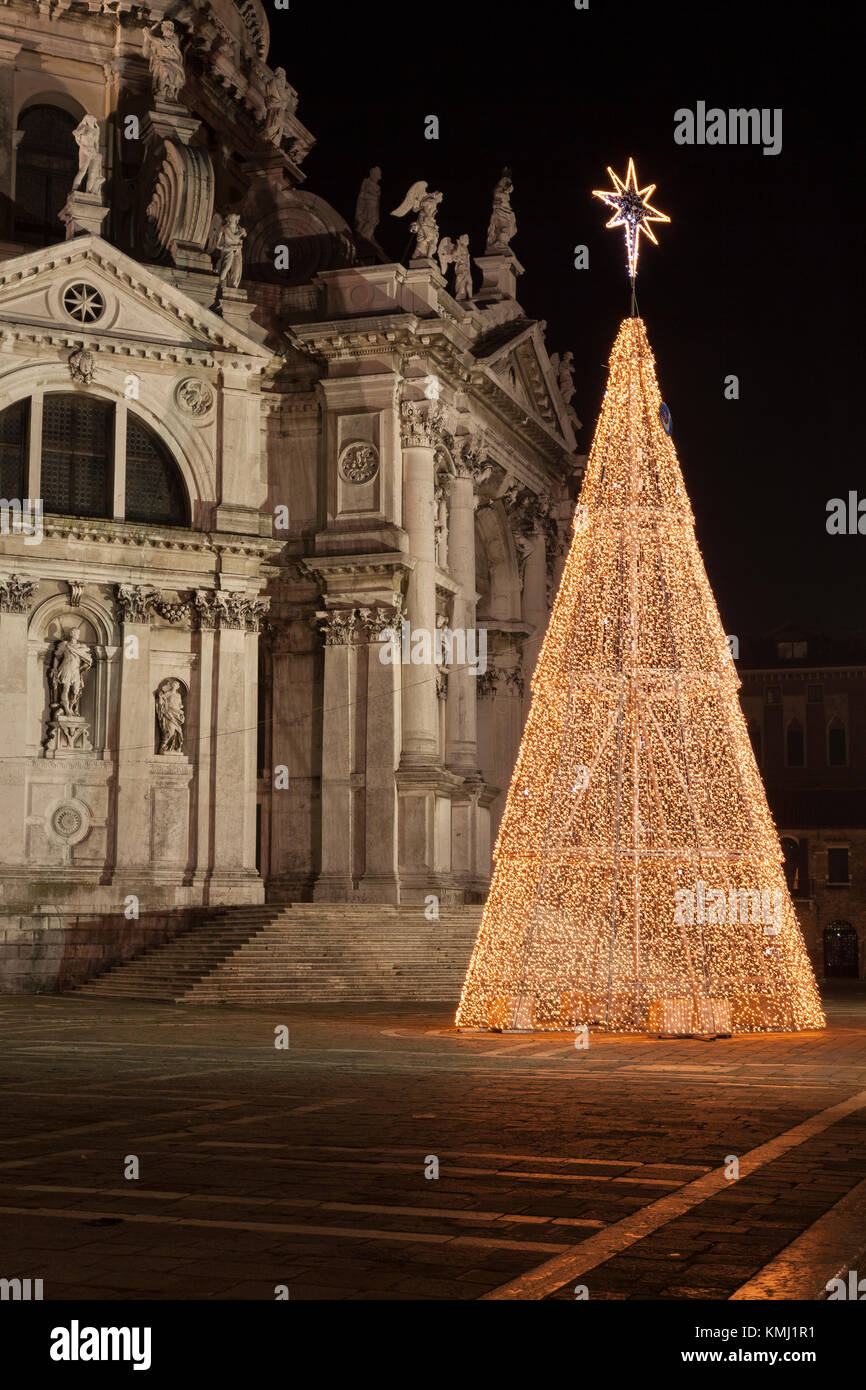 Gli illuminati albero di Natale davanti alla Basilica di Santa Maria della Salute, Dorsoduro, Venezia, Veneto, Italia Foto Stock