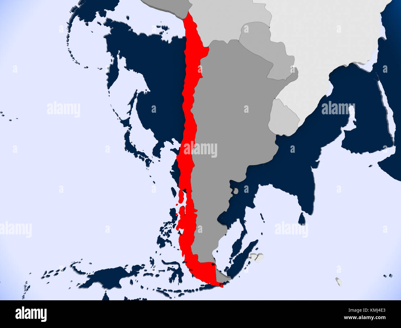 Cile in rosso sulla mappa politica con oceani trasparenti. Illustrazione 3D. Foto Stock