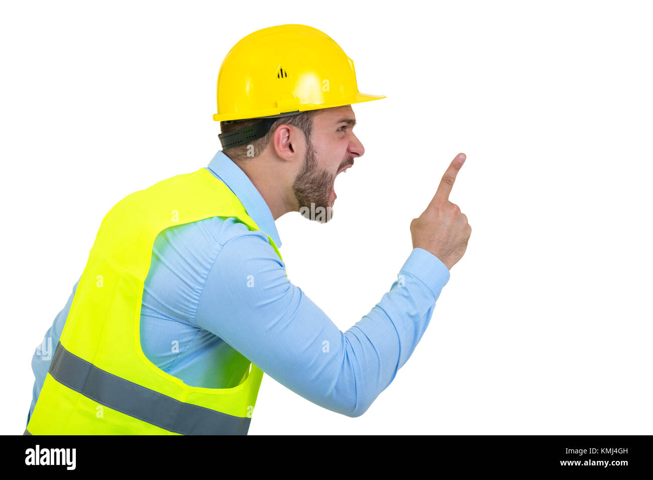 Arrabbiato builder o il costruttore a urlare contro qualcuno come furia concetto isolato su sfondo bianco con copyspace Foto Stock Arrabbiato builder o il costruttore a urlare contro qualcuno come furia concetto isolato su sfondo bianco con copyspace Foto Stock