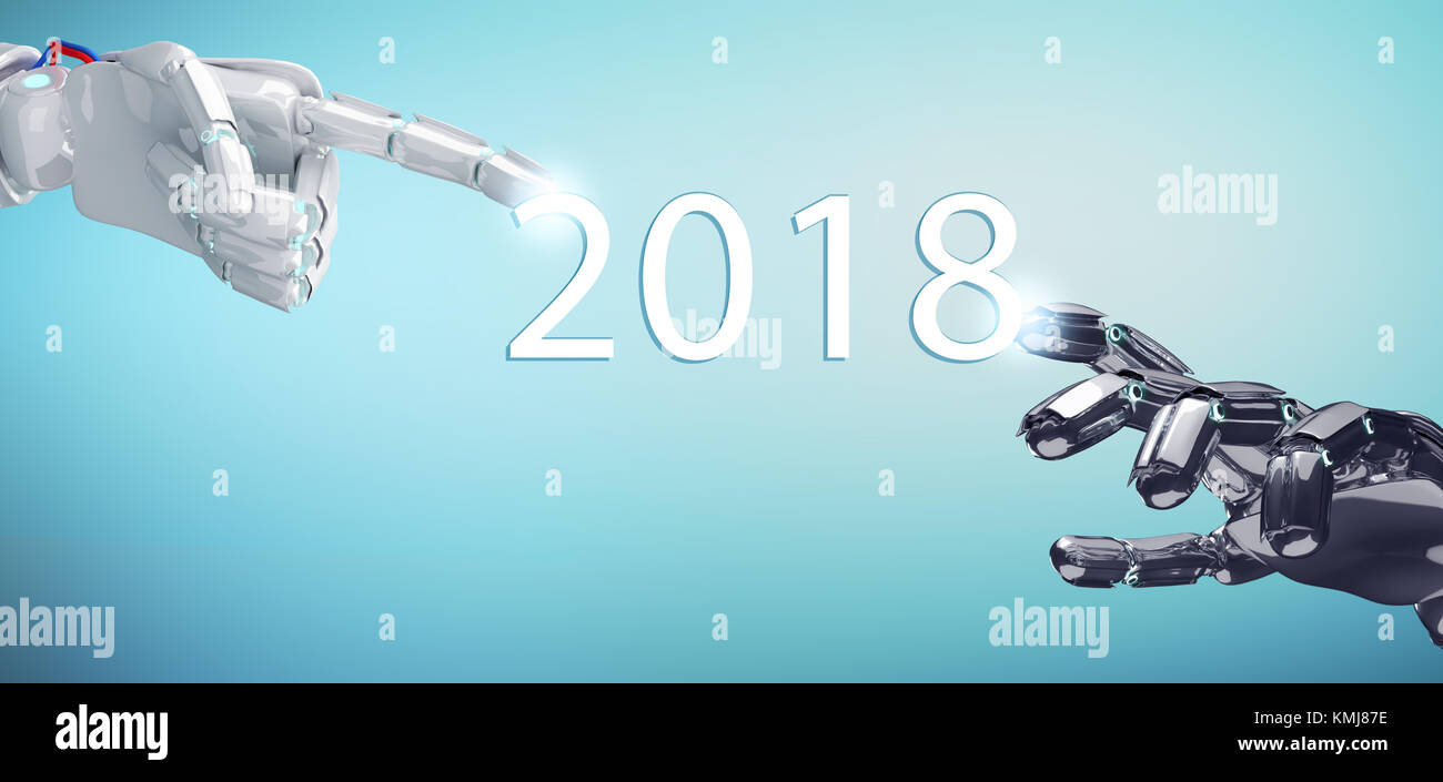 Due mano robotica di toccare la data del nuovo anno 2018. La tecnologia del futuro concetto. Il rendering 3D Foto Stock