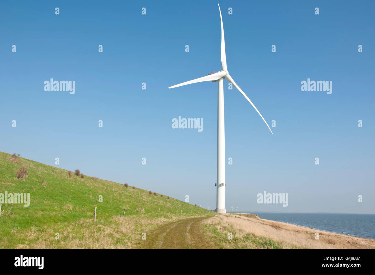 Turbina eolica cielo blu verde collina e oceano Foto Stock
