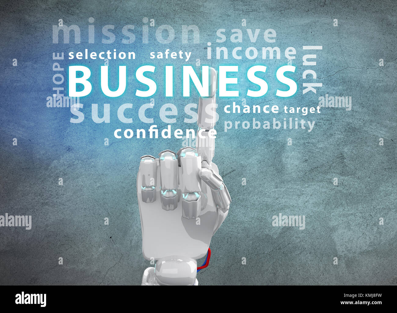 Metellic mano robotica punto sul business astratta parola nuvola sul muro grigio Sfondo. Il rendering 3d. Foto Stock