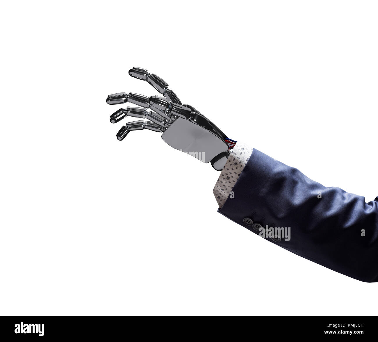 Mano robotica in business suit punto su qualcosa. Bionic concetto tecnologico. Il rendering 3D Foto Stock