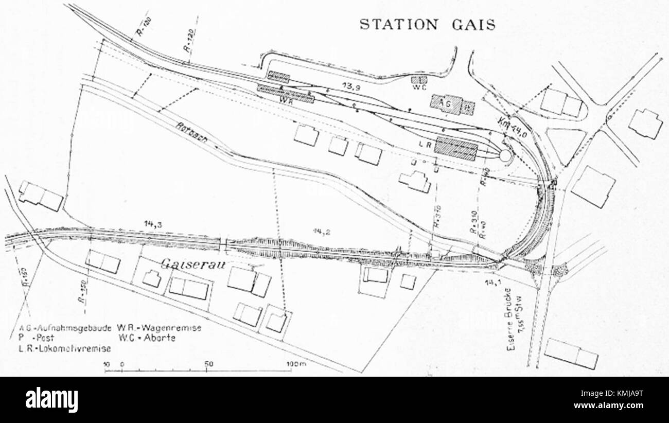 La "stazione AST Gais Lageplan" si riferisce a un layout o a una mappa della stazione AST situata a Gais, Svizzera. Fornisce una rappresentazione dettagliata dell'infrastruttura della stazione e dell'area circostante. Foto Stock