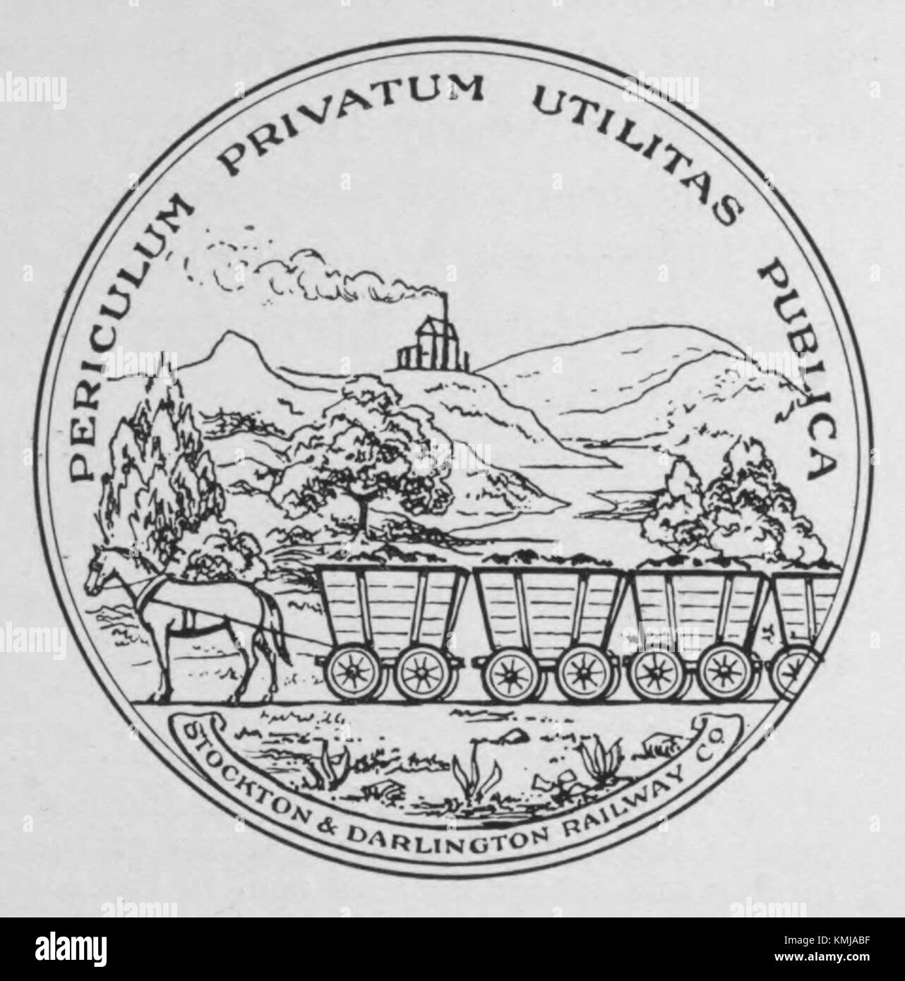 Il sigillo della Stockton and Darlington Railway del 1821 raffigura un carro di carbone trainato da cavalli, sottolineando il ruolo della compagnia nel trasporto di carbone dalle miniere della contea di Durham a Stockton-on-Tees. Il motto "Periculum Privatum Utilitas Publica" si traduce in "a rischio privato, per il servizio pubblico", che riflette l'equilibrio tra investimenti privati e benefici pubblici nel primo sviluppo ferroviario. Foto Stock