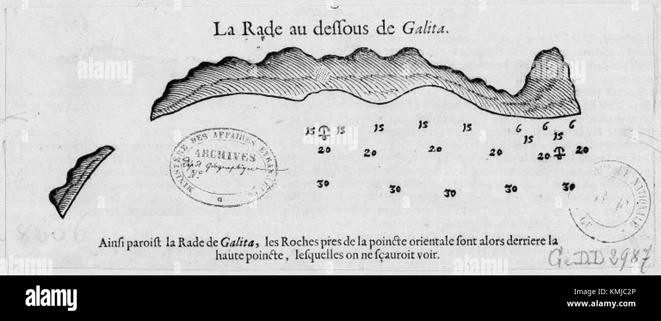 Questa mappa storica raffigura la baia sotto le Isole Galite, situata al largo della costa tunisina. Illustra le caratteristiche geografiche della regione e le rotte marittime durante il periodo della sua creazione. Foto Stock