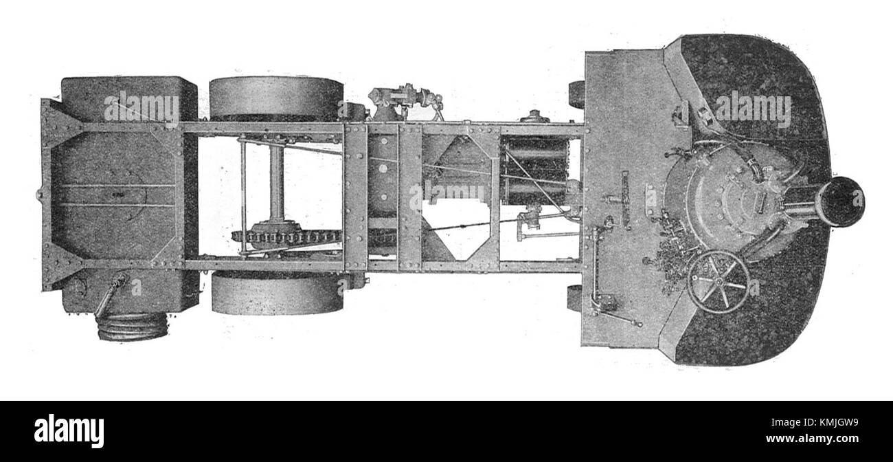 Questa vista in pianta del 1911 del carro a vapore Alley & McLellan, utilizzato nell'addestramento dell'Army Service Corps, mostra il suo design meccanico e la sua funzione nel trasporto militare durante quell'epoca. Foto Stock