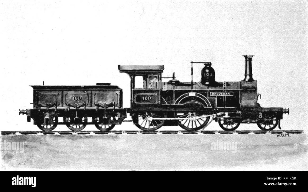 La locomotiva Brougham, costruita nel 1860, faceva parte della South & Derbyshire Railway (S&DR). Questo motore a vapore ha svolto un ruolo significativo nello sviluppo del trasporto ferroviario durante il XIX secolo, contribuendo all'espansione della rete ferroviaria in Inghilterra. Il suo design era innovativo per i suoi tempi, con innovazioni nella tecnologia del vapore. Foto Stock