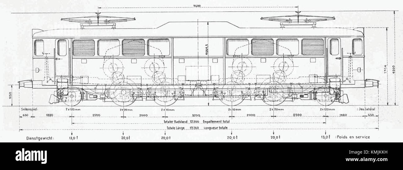 La FFS Ae 4/6 è un tipo di locomotiva elettrica utilizzata dalle Ferrovie federali Svizzere (FFS). Questo schizzo tecnico mostra le sue caratteristiche progettuali e l'importanza storica nel trasporto ferroviario svizzero. Foto Stock