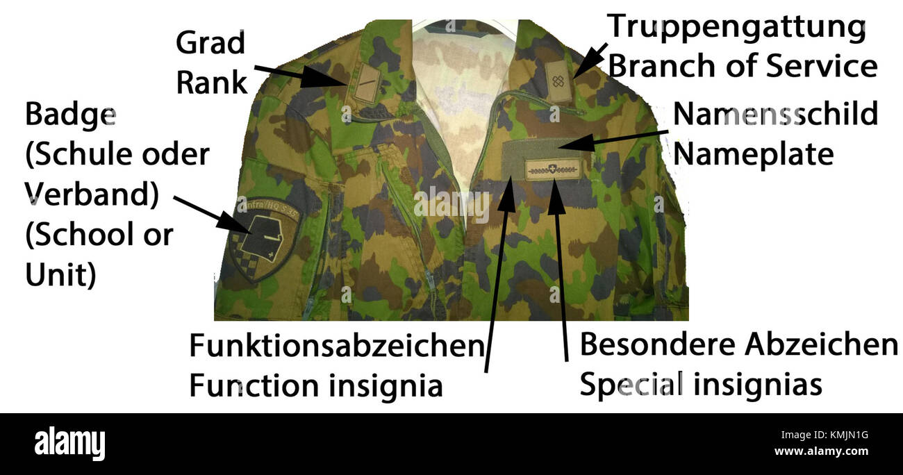 Le insegne dell'esercito svizzero tenue B e C rappresentano insegne militari utilizzate dalle forze armate svizzere, mostrando il loro grado e la loro divisione. Foto Stock