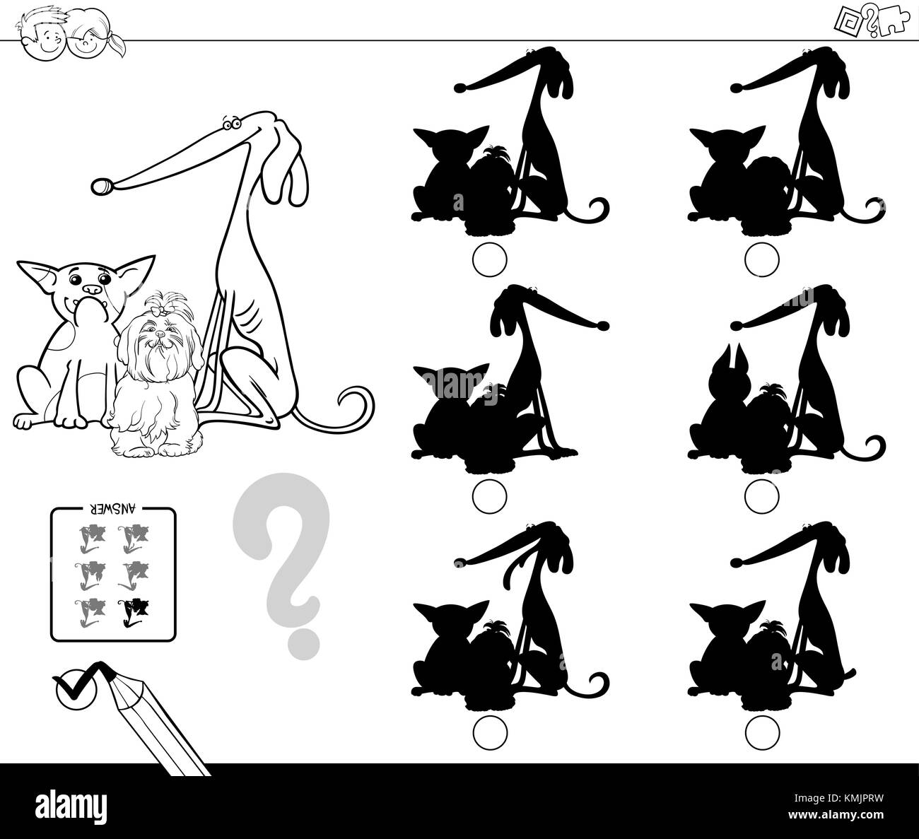 Bianco e nero cartoon illustrazione di trovare l'ombra senza differenze di attività educative per i bambini con i cani divertenti personaggi animali col Illustrazione Vettoriale