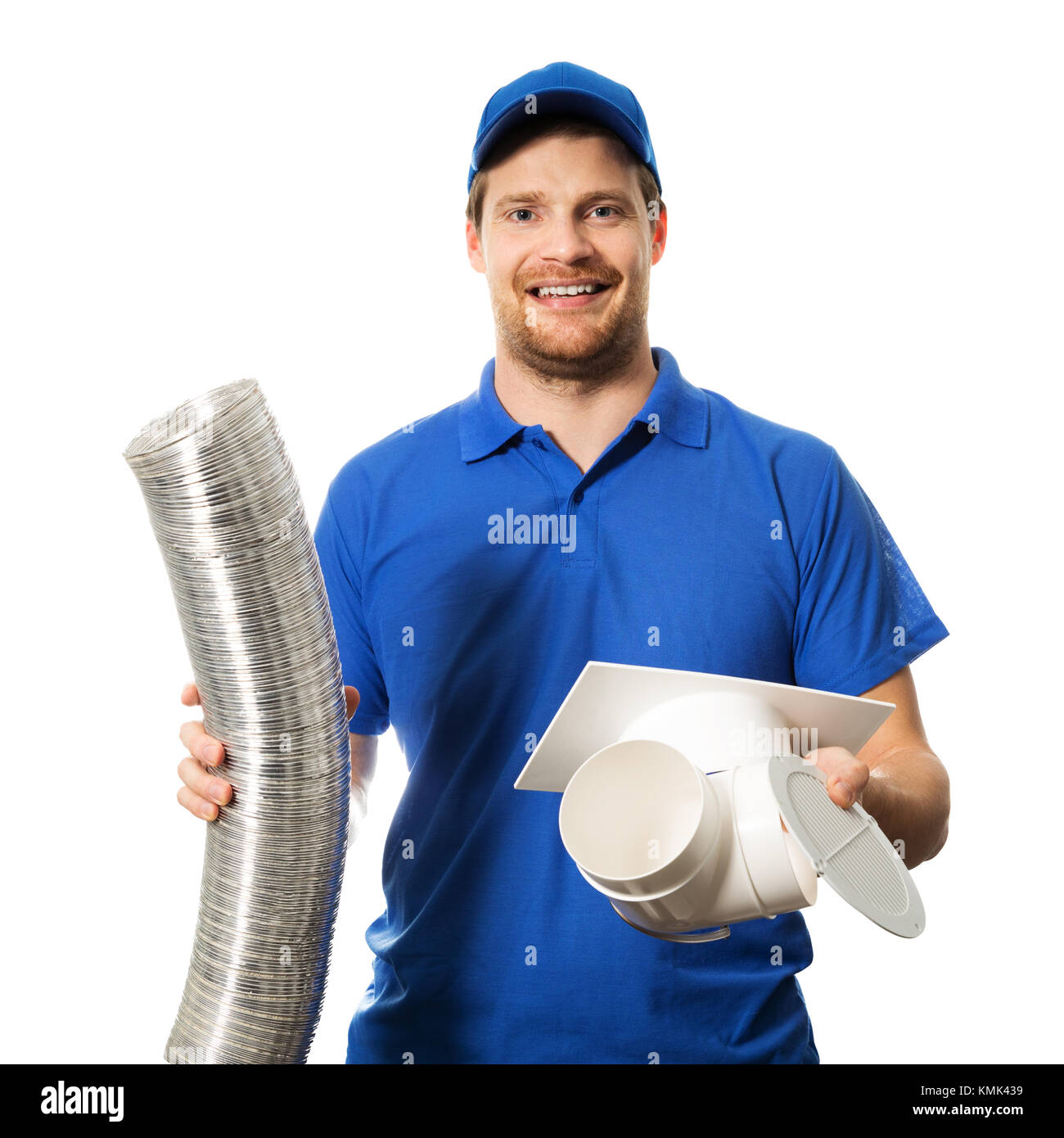 Lavoratore in uniforme blu con sistema di ventilazione apparecchiature in mani su bianco Foto Stock