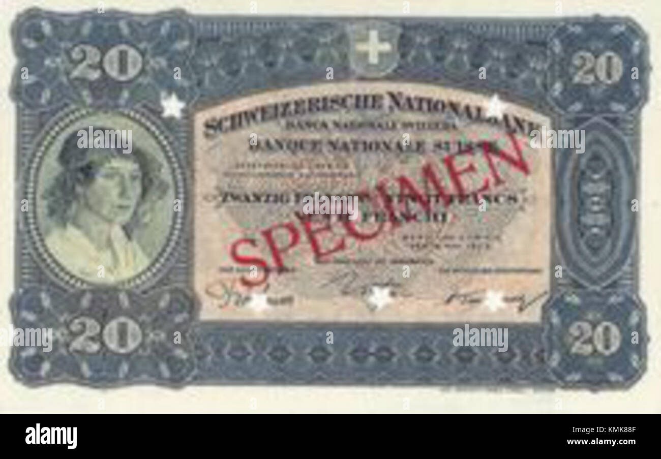 Una fotografia di un timbro CHF20 3c, visualizzato orizzontalmente. Questo francobollo fa parte di una serie postale, che rappresenta la storia postale e il design di un'epoca specifica. Foto Stock