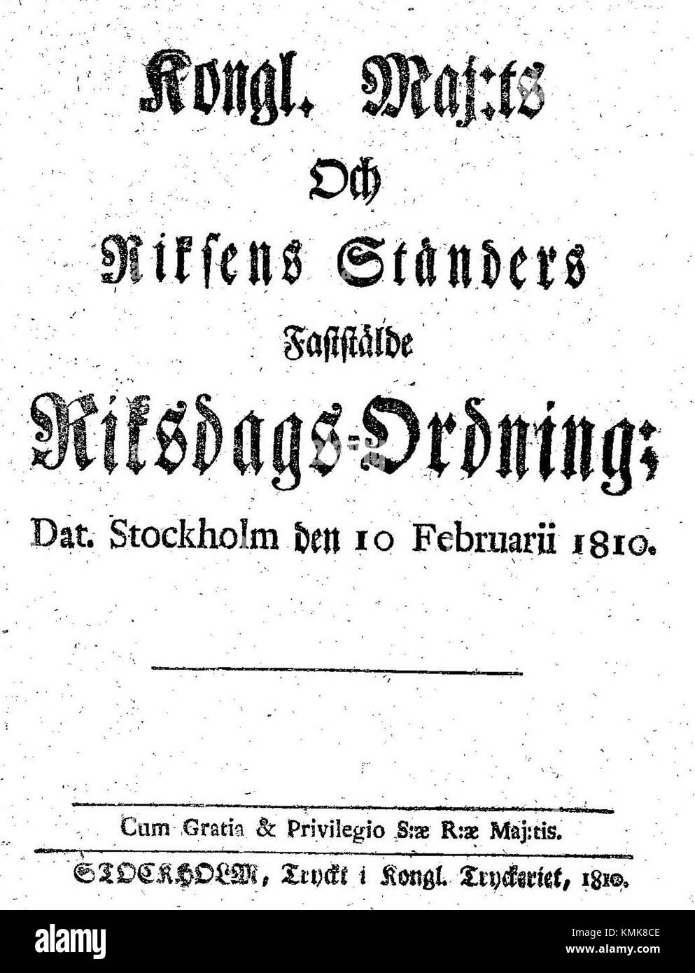 Il frontespizio del regolamento parlamentare svedese (Riksdagsordningen) del 1810, che delinea il quadro legislativo per il sistema parlamentare svedese all’epoca. Foto Stock