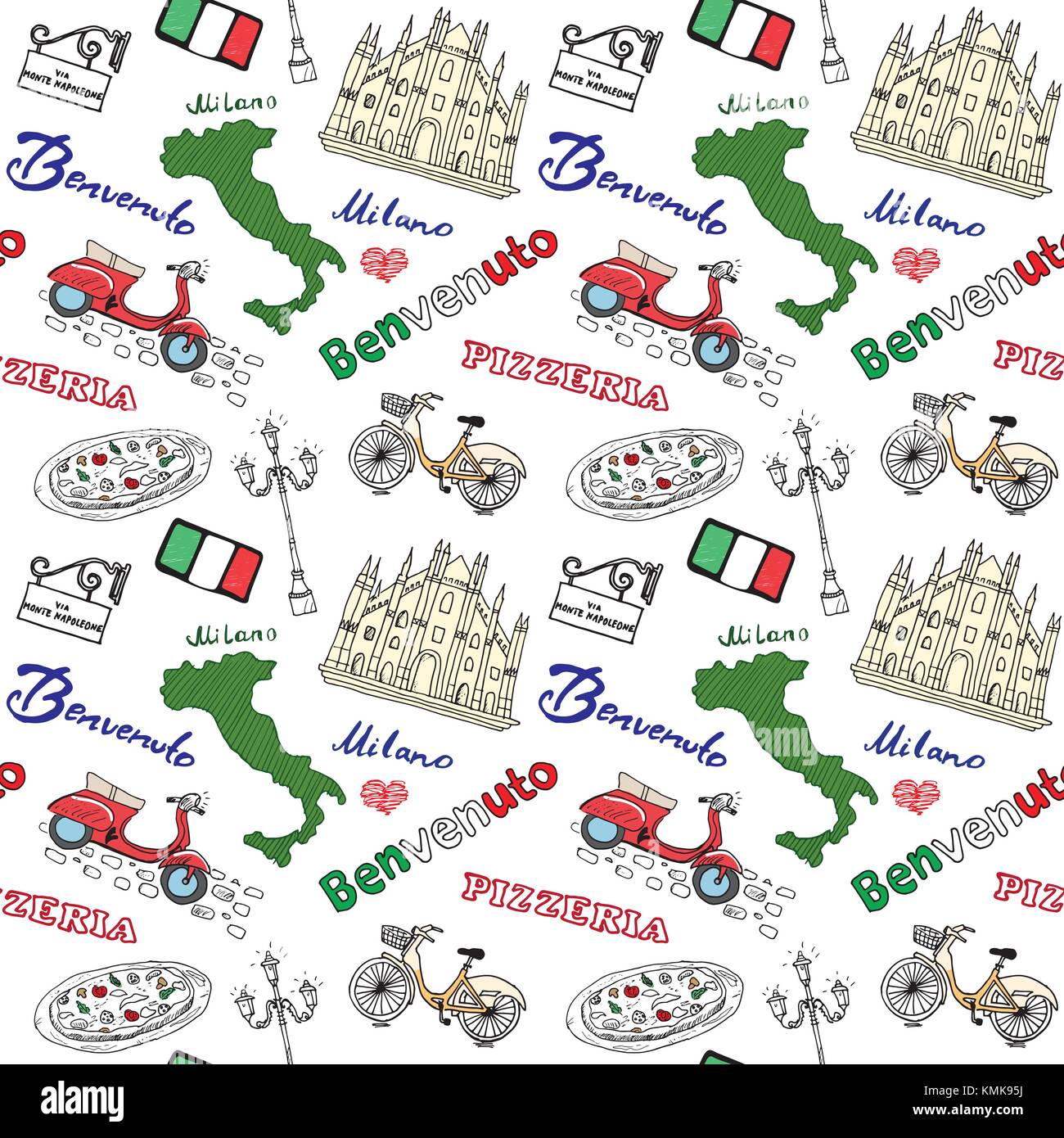 Milano Italia seamless pattern con disegnati a mano gli elementi di disegno duomo, bandiera, mappa, pizza, trasporto e cibo tradizionale. disegno doodle vettore Illustrazione Vettoriale