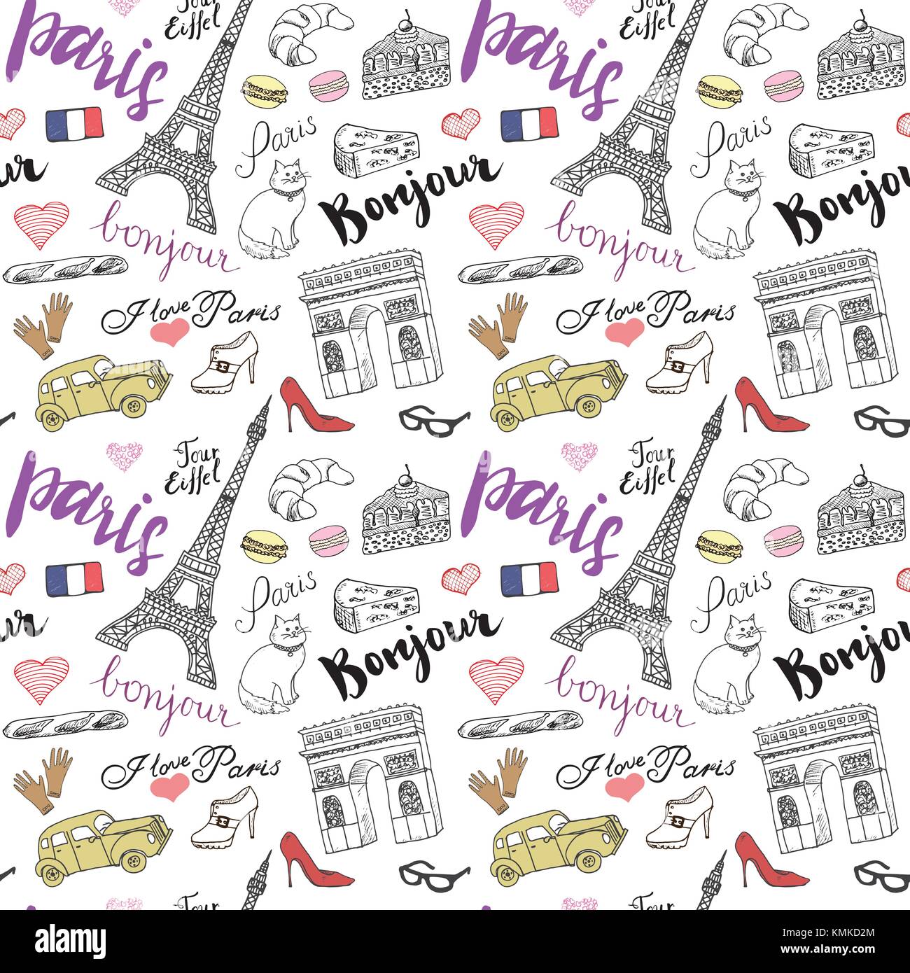 Parigi seamless pattern con mano bozzetto elementi - torre eiffel triumf arch, articoli di moda. disegno doodle illustrazione vettoriale, isolato sulla Pentecoste Illustrazione Vettoriale