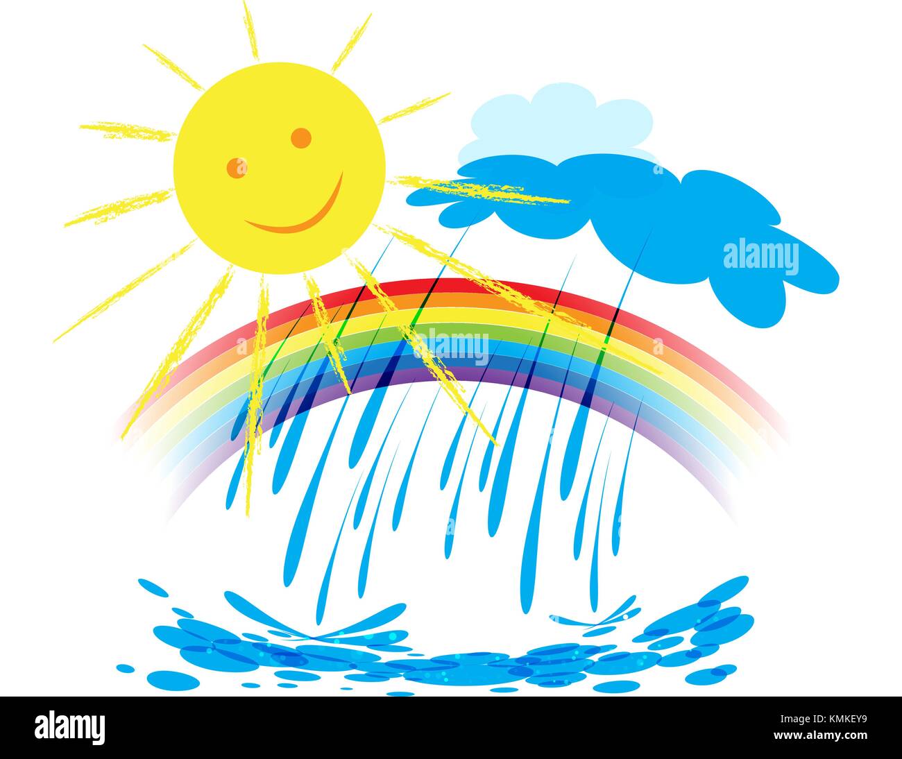 Paesaggio con arcobaleno nel cielo, il sole splende e piove, design meteo su sfondo bianco, illustrazione vettoriale Illustrazione Vettoriale