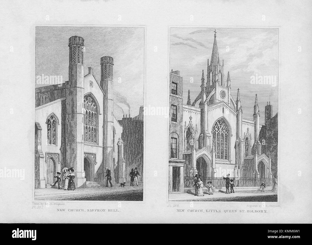 Nuove chiese Zafferano Hill, Little Queen Street, Holborn, incisione 'Metropolitan miglioramenti, o a Londra nel XIX secolo' London, England, Regno Unito 1828 Foto Stock