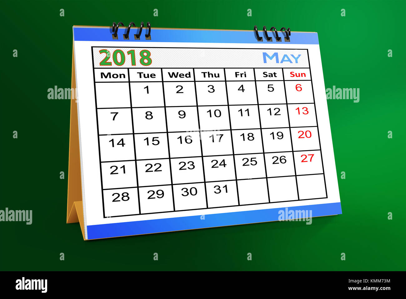 Maggio 2018 calendario desktop isolati su sfondo verde . 3D'illustrazione. Foto Stock