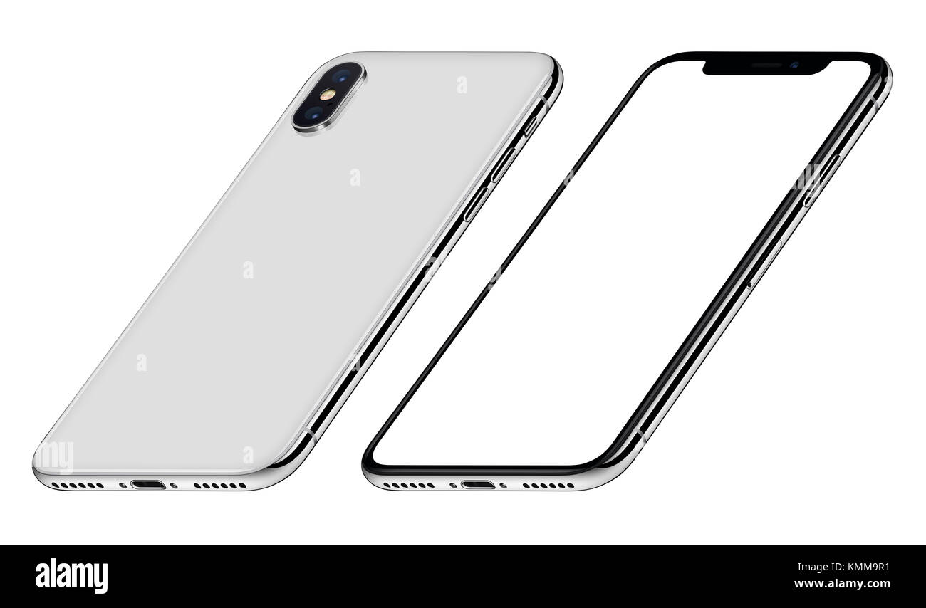 Bianco dello smartphone in prospettiva simile a iPhone X mockup lati anteriore e posteriore ruotato in senso orario. Foto Stock