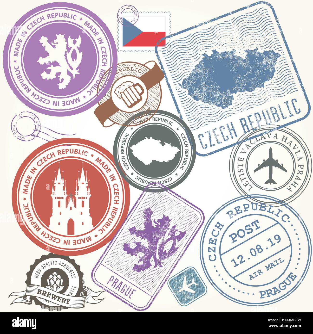 Ceca francobolli da viaggio - Set viaggio praga simboli Illustrazione Vettoriale