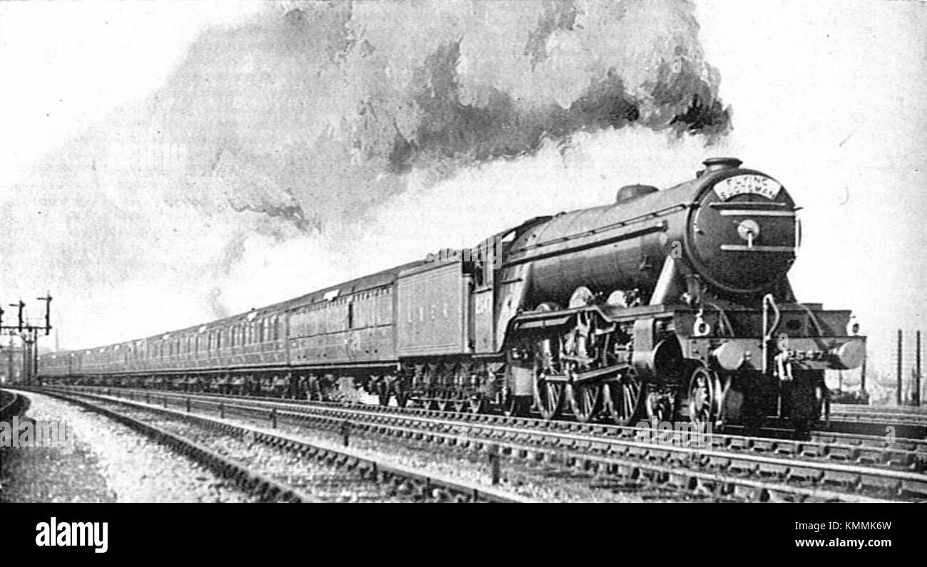 Il Flying Scotsman Express, una storica locomotiva a vapore britannica, è catturato a Doncaster, in Inghilterra, in questa immagine dalla pubblicazione del 1928 Steel Highway. Foto Stock