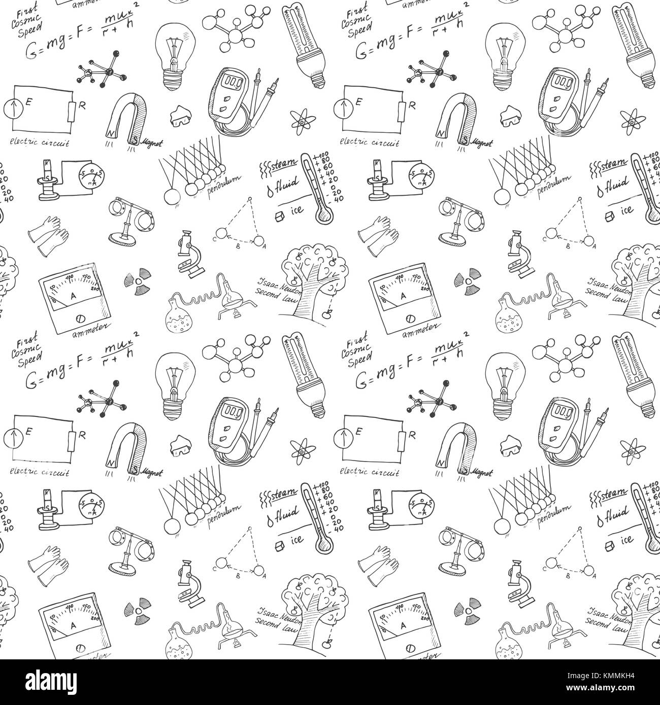 Fisica e sciense seamless pattern con elementi di disegno disegnato a mano sfondo doodle illustrazione vettoriale Immagine e Vettoriale - Alamy