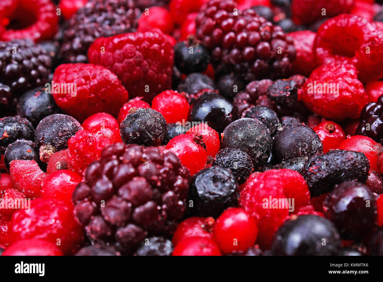 Di frutti di bosco misti congelati come sfondo. mirtilli,lamponi bacche nere e ribes texture di gelso pattern. Foto Stock