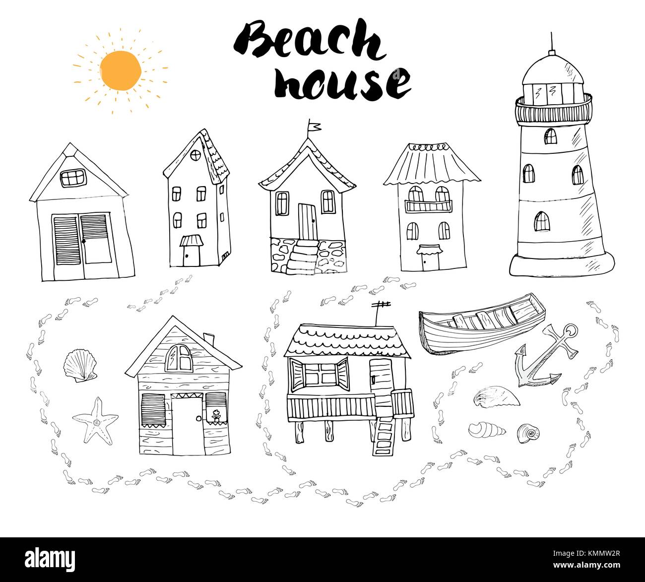 Spiaggia di capanne e bungalows, disegnati a mano delineare doodle set con light house imbarcazione in legno e ancoraggio, conchiglie e sulle orme sulla spiaggia sabbiosa, vettore illust Illustrazione Vettoriale