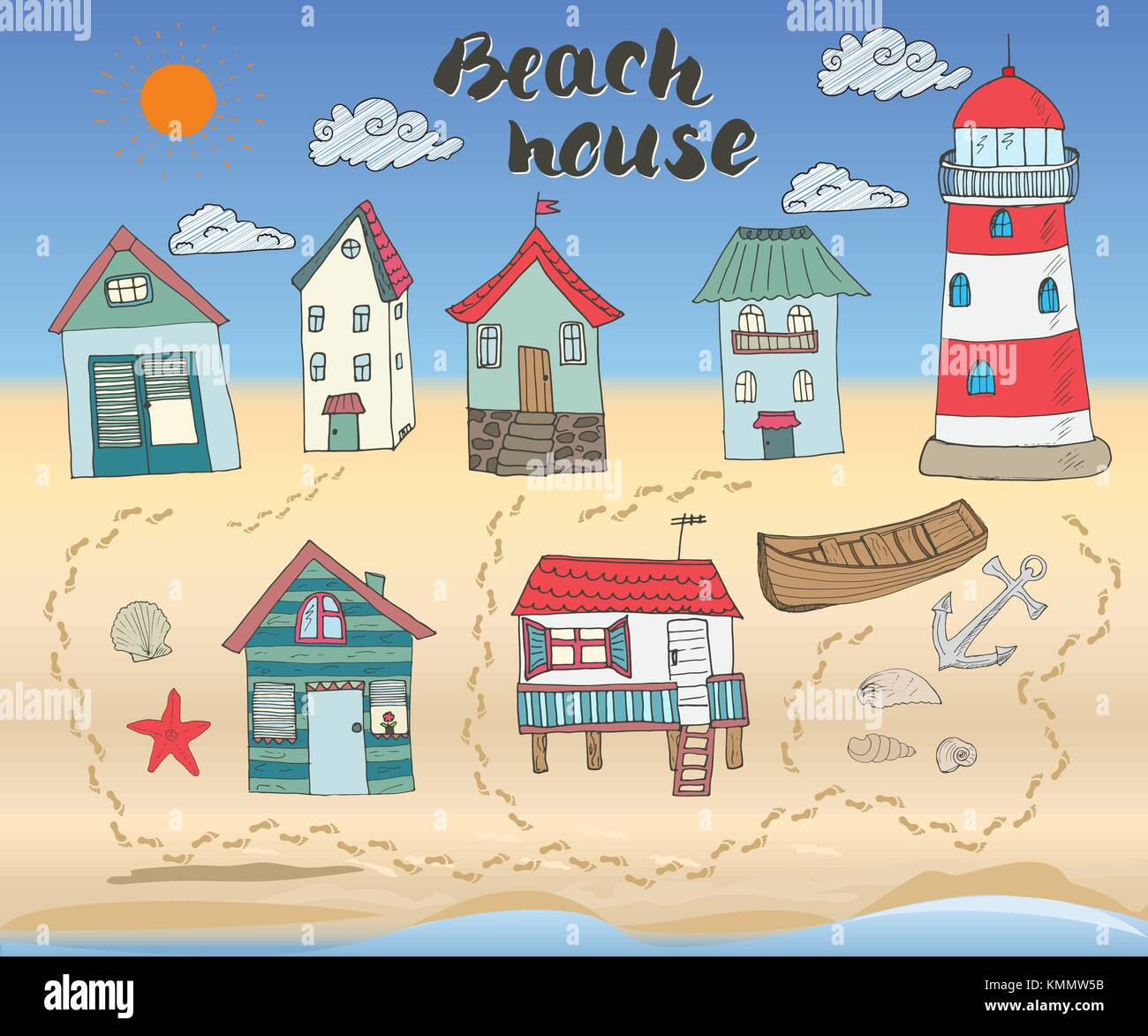 Spiaggia di capanne e bungalows, disegnato a mano il colore di contorno impostato doodle con light house imbarcazione in legno e ancoraggio, conchiglie e sulle orme sulla spiaggia sabbiosa, vettore Illustrazione Vettoriale