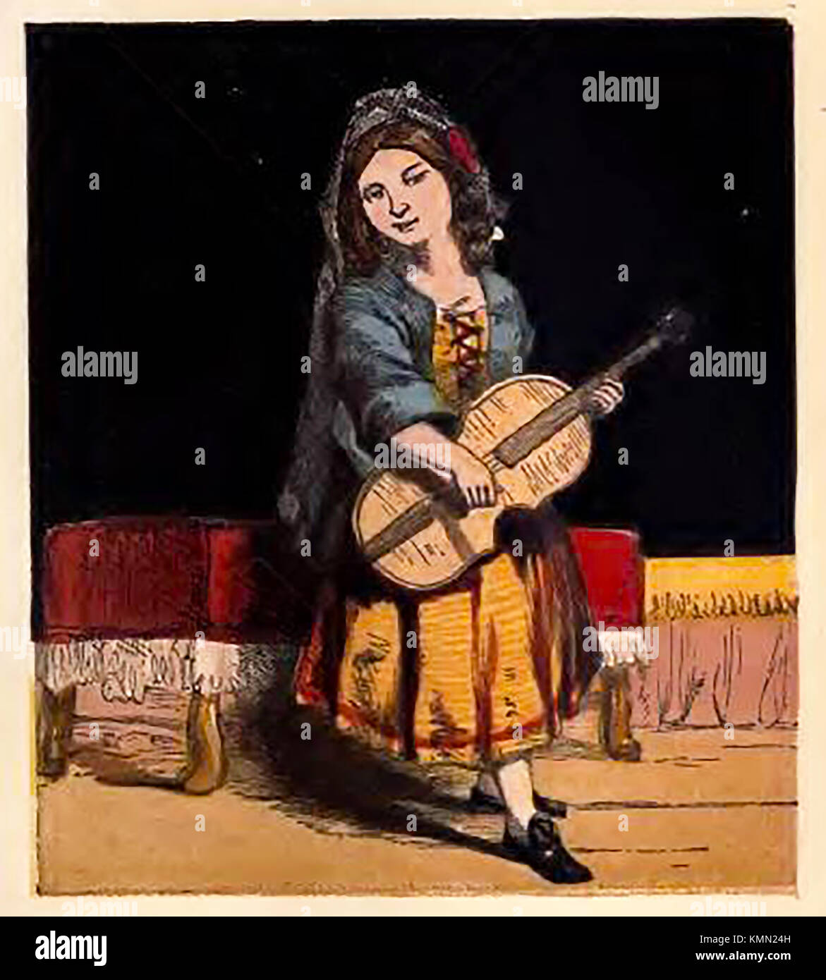 Passatempi vittoriano (da una colorata per bambini libro dell'immagine. - Musica - una ragazza o una giovane donna di suonare una chitarra vestito in abito spagnolo Foto Stock