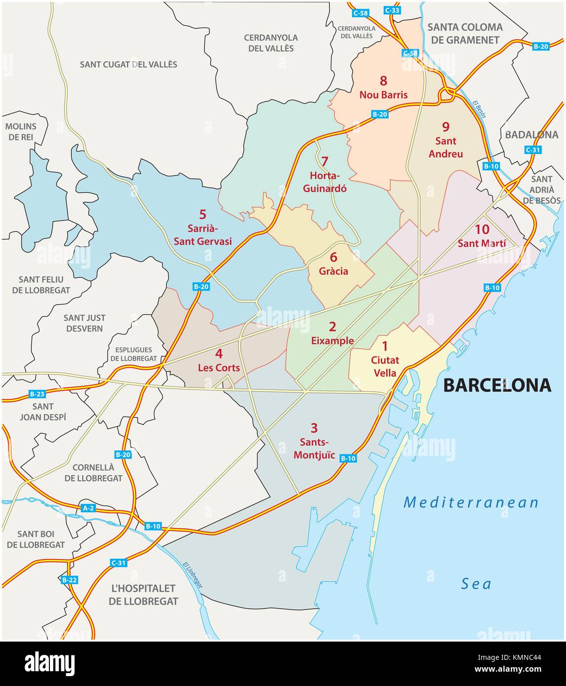 Strada di barcellona, politica e amministrativa di mappa vettoriale Illustrazione Vettoriale