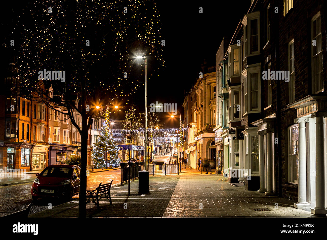 Le decorazioni di Natale in Aberystwyth town durante il mese di dicembre 2017. Foto Stock