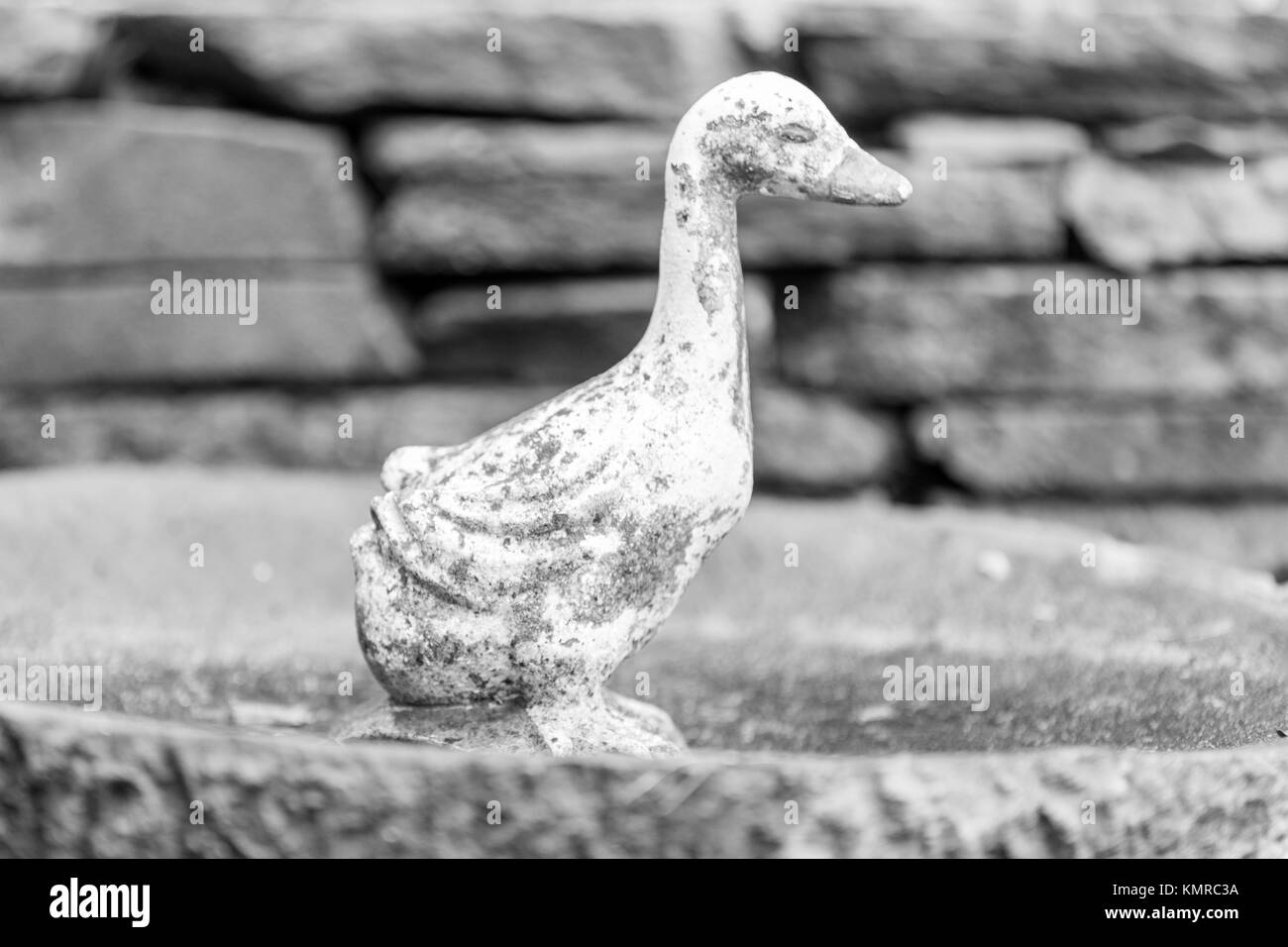 Vecchia scultura di un anatra al di fuori in un cantiere Foto Stock